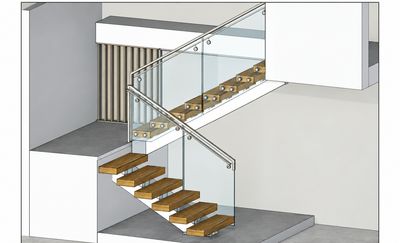 3D render of a floating timber staircase with glass balustrade, showing the design before fabrication