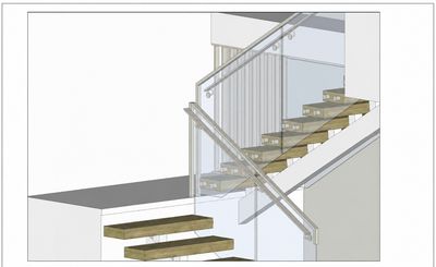 3D render detail of the glass balustrade panel and handrail fixings